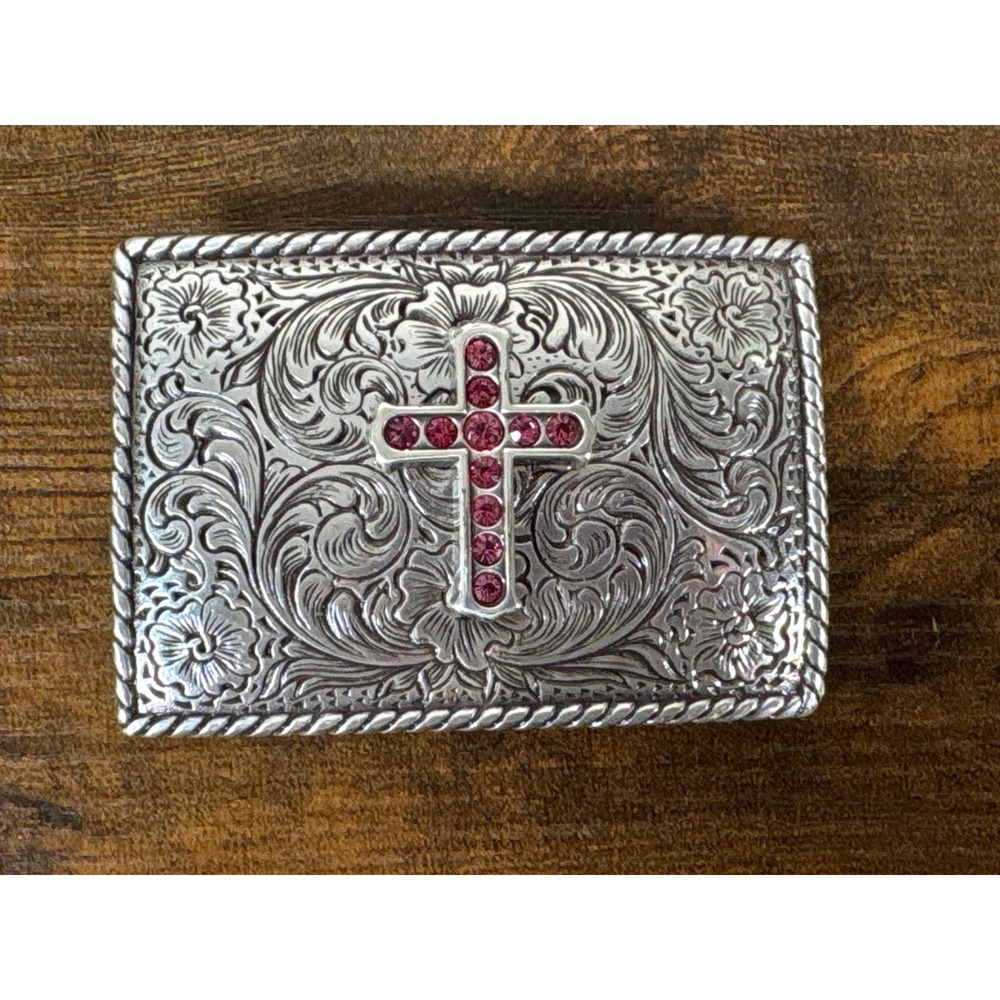 Nocona Womens Silver Pink Rhinestone Cross Western Floral Engraved Belt Buckle